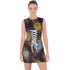 Pattern Feather Peacock Lace Up Front Bodycon Dress by Wav3s