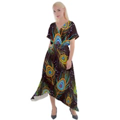 Pattern Feather Peacock Cross Front Sharkbite Hem Maxi Dress by Wav3s