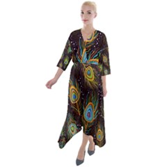 Pattern Feather Peacock Quarter Sleeve Wrap Front Maxi Dress by Wav3s