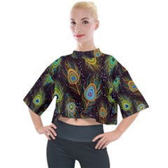 Pattern Feather Peacock Mock Neck Tee