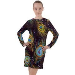 Pattern Feather Peacock Long Sleeve Hoodie Dress