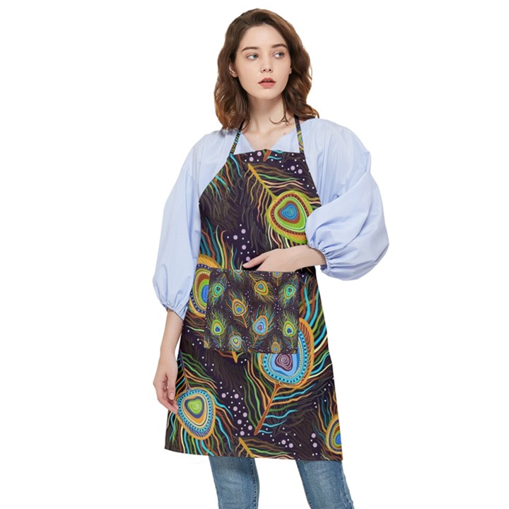 Pattern Feather Peacock Pocket Apron