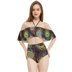 Pattern Feather Peacock Halter Flowy Bikini Set  by Wav3s