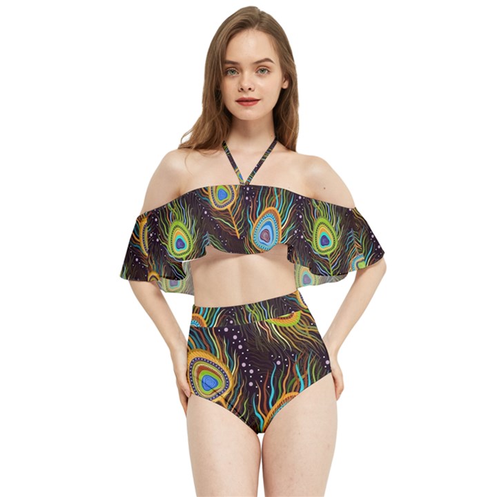 Pattern Feather Peacock Halter Flowy Bikini Set 