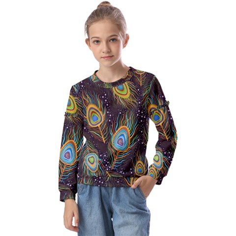 Pattern Feather Peacock Kids  Long Sleeve Tee With Frill  by Wav3s