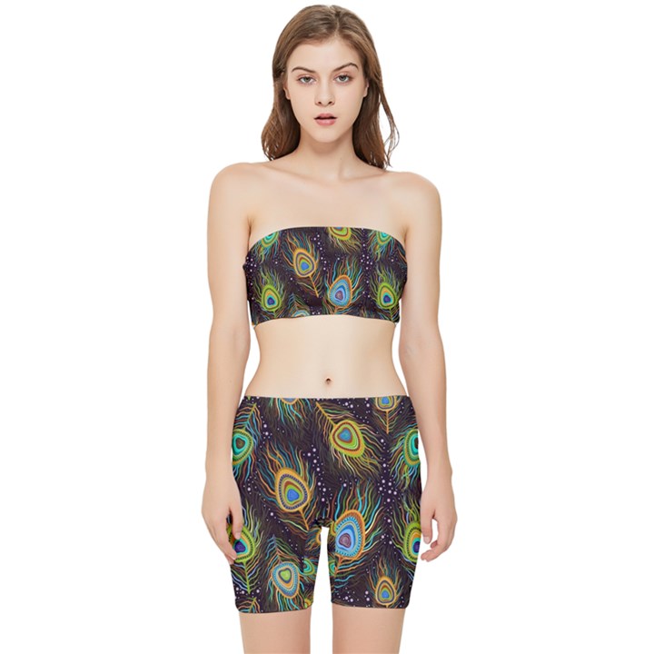 Pattern Feather Peacock Stretch Shorts and Tube Top Set