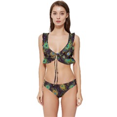 Pattern Feather Peacock Low Cut Ruffle Edge Bikini Set