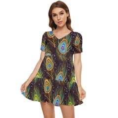 Pattern Feather Peacock Tiered Short Sleeve Babydoll Dress by Wav3s