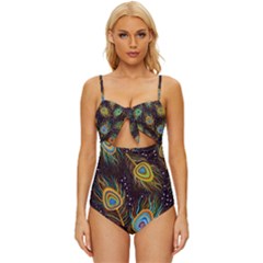 Pattern Feather Peacock Knot Front One-piece Swimsuit by Wav3s