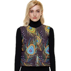 Pattern Feather Peacock Women s Short Button Up Puffer Vest