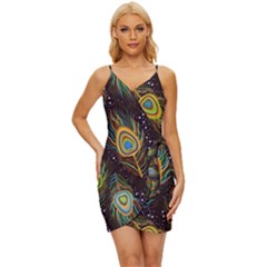 Pattern Feather Peacock Wrap Tie Front Dress by Wav3s