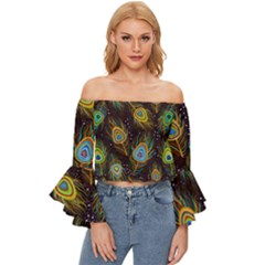 Pattern Feather Peacock Off Shoulder Flutter Bell Sleeve Top