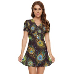 Pattern Feather Peacock V-neck High Waist Chiffon Mini Dress