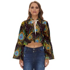 Pattern Feather Peacock Boho Long Bell Sleeve Top