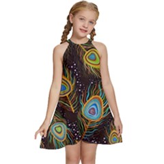 Pattern Feather Peacock Kids  Halter Collar Waist Tie Chiffon Dress by Wav3s