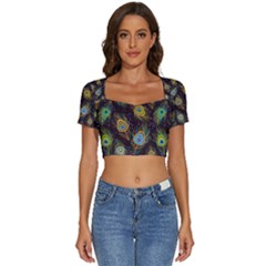 Pattern Feather Peacock Short Sleeve Square Neckline Crop Top  by Wav3s