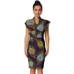 Pattern Feather Peacock Vintage Frill Sleeve V-neck Bodycon Dress by Wav3s