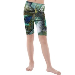 Peacock Feathers Blue Green Texture Kids  Mid Length Swim Shorts by Wav3s