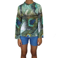 Peacock Feathers Blue Green Texture Kids  Long Sleeve Swimwear by Wav3s