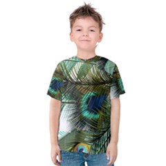 Peacock Feathers Blue Green Texture Kids  Cotton Tee