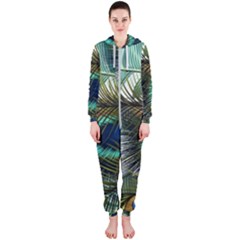 Peacock Feathers Blue Green Texture Hooded Jumpsuit (ladies)