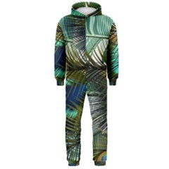 Peacock Feathers Blue Green Texture Hooded Jumpsuit (men)