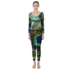 Peacock Feathers Blue Green Texture Long Sleeve Catsuit by Wav3s