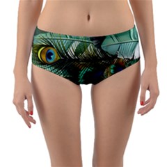 Peacock Feathers Blue Green Texture Reversible Mid-waist Bikini Bottoms by Wav3s