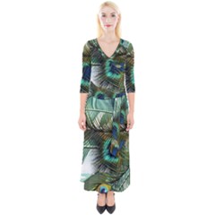 Peacock Feathers Blue Green Texture Quarter Sleeve Wrap Maxi Dress by Wav3s