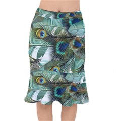 Peacock Feathers Blue Green Texture Short Mermaid Skirt by Wav3s