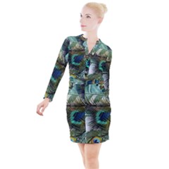 Peacock Feathers Blue Green Texture Button Long Sleeve Dress by Wav3s