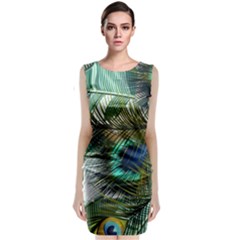 Peacock Feathers Blue Green Texture Sleeveless Velvet Midi Dress