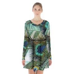 Peacock Feathers Blue Green Texture Long Sleeve Velvet V-neck Dress