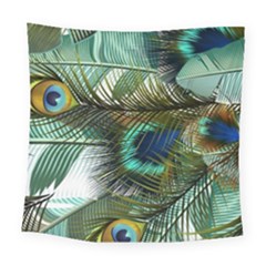 Peacock Feathers Blue Green Texture Square Tapestry (large)