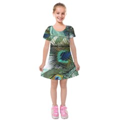 Peacock Feathers Blue Green Texture Kids  Short Sleeve Velvet Dress