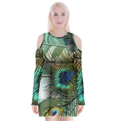 Peacock Feathers Blue Green Texture Velvet Long Sleeve Shoulder Cutout Dress