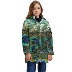 Peacock Feathers Blue Green Texture Kids  Hooded Longline Puffer Jacket by Wav3s