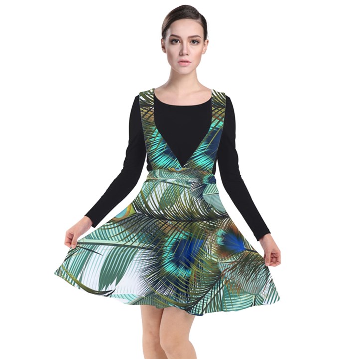 Peacock Feathers Blue Green Texture Plunge Pinafore Dress