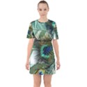 Peacock Feathers Blue Green Texture Sixties Short Sleeve Mini Dress View1