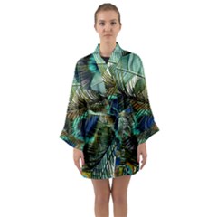 Peacock Feathers Blue Green Texture Long Sleeve Satin Kimono by Wav3s