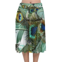 Peacock Feathers Blue Green Texture Velvet Flared Midi Skirt