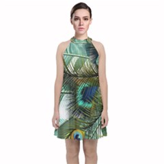 Peacock Feathers Blue Green Texture Velvet Halter Neckline Dress 