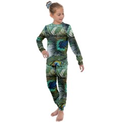 Peacock Feathers Blue Green Texture Kids  Long Sleeve Set 