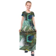 Peacock Feathers Blue Green Texture Kids  Short Sleeve Maxi Dress by Wav3s