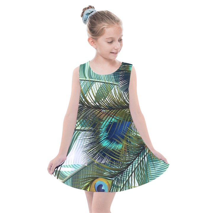 Peacock Feathers Blue Green Texture Kids  Summer Dress