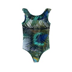 Peacock Feathers Blue Green Texture Kids  Frill Swimsuit by Wav3s