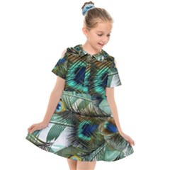 Peacock Feathers Blue Green Texture Kids  Short Sleeve Shirt Dress by Wav3s