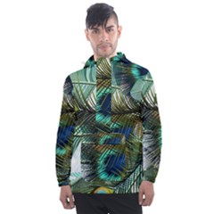 Peacock Feathers Blue Green Texture Men s Front Pocket Pullover Windbreaker