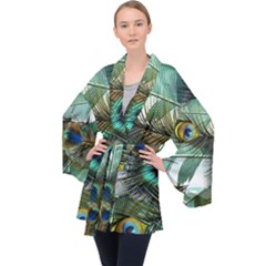 Peacock Feathers Blue Green Texture Long Sleeve Velvet Kimono  by Wav3s