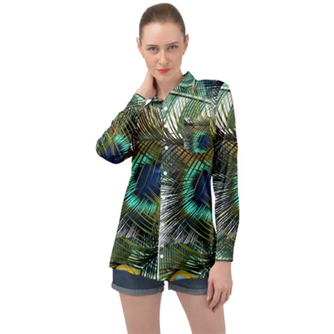 Peacock Feathers Blue Green Texture Long Sleeve Satin Shirt by Wav3s